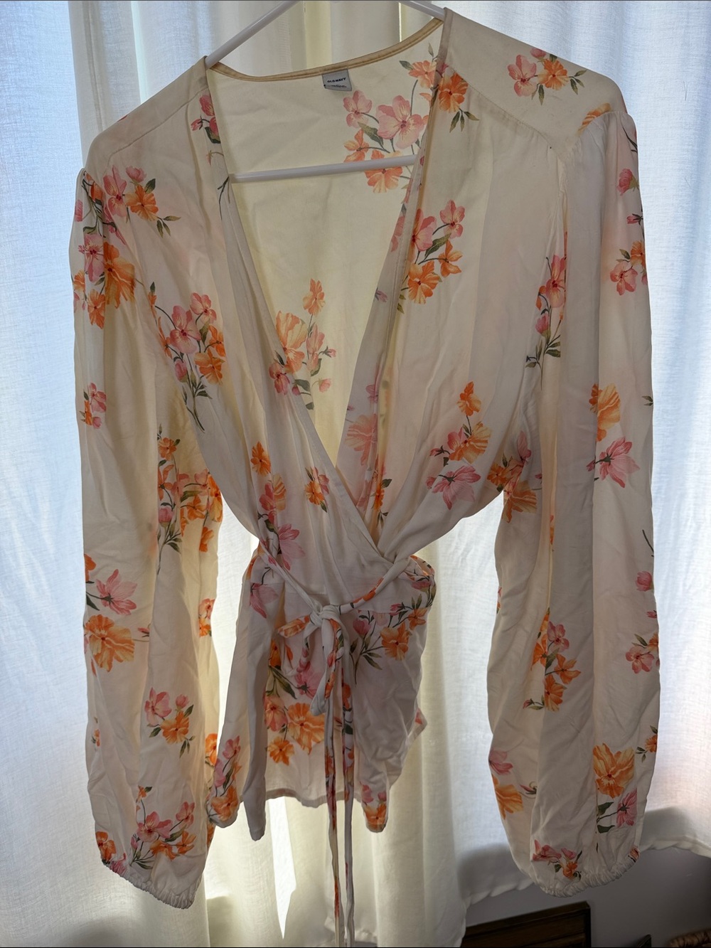 Old Navy Cream Floral Wrap Top with Pink & Orange Flowers
